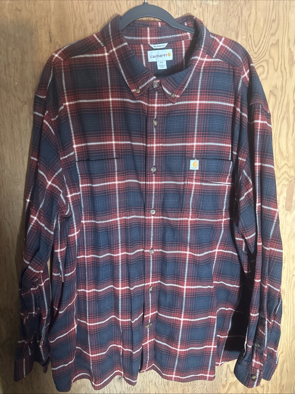 Carhartt Men's Navy and Red Plaid Button-Down Shirt